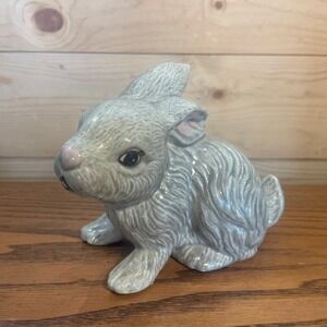 Vintage Hand Painted 1985 Scioto Ceramic Bunny Rabbit Figurine Gray Pink Ears